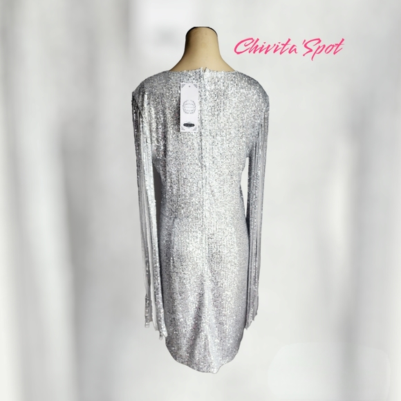 🏷🆕️ Sexy Deep-V Sequin Glitter Tassel Sleeve Party Mini Dress - Silver - L - Picture 16 of 16